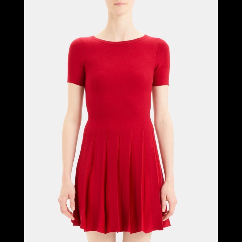 Theory Red Pleated Tee Dress in Compact Sweater Knit L NWT